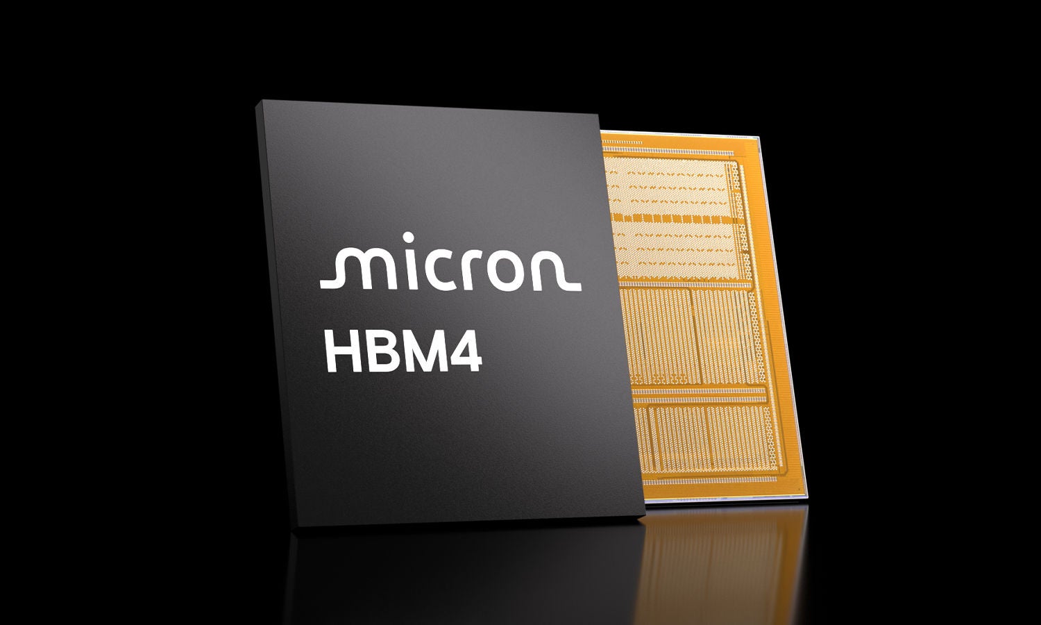 Micron HBM4 memory chip with exposed circuitry on black background​